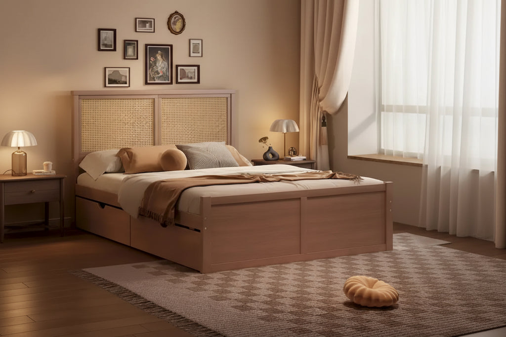 Platform Bed with 4 Storage Drawers & Rattan Headboard - Solid Pine Wood, No Box Spring Needed