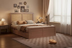 Platform Bed with 4 Storage Drawers & Rattan Headboard - Solid Pine Wood, No Box Spring Needed