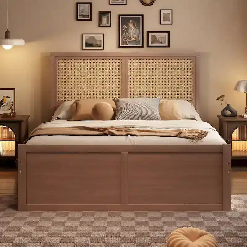 Platform Bed with 4 Storage Drawers & Rattan Headboard - Solid Pine Wood, No Box Spring Needed