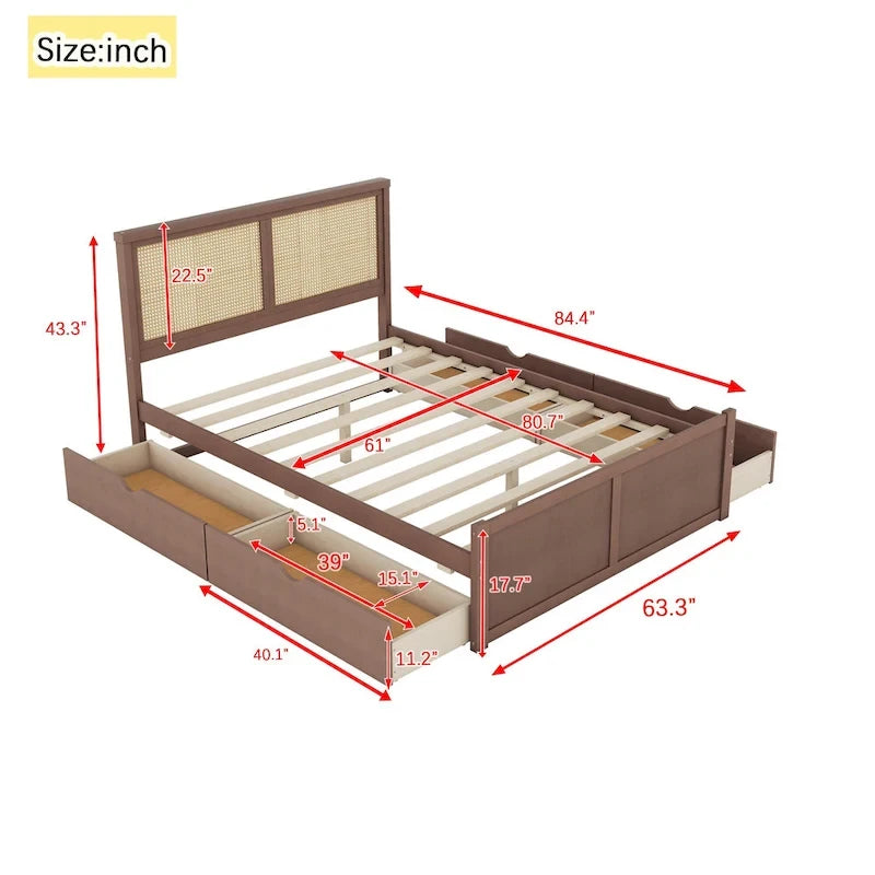 Platform Bed with 4 Storage Drawers & Rattan Headboard - Solid Pine Wood, No Box Spring Needed