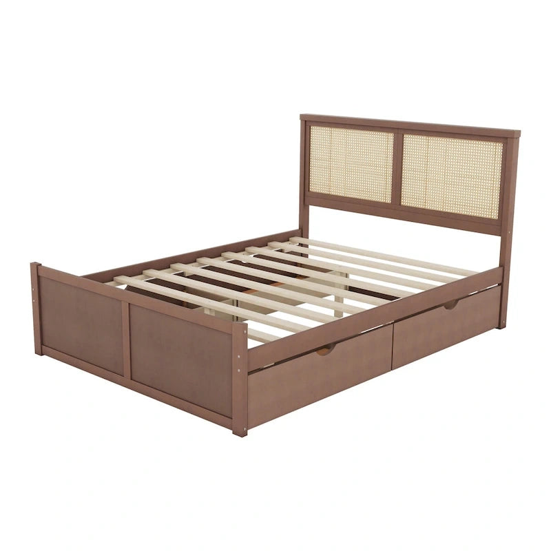 Platform Bed with 4 Storage Drawers & Rattan Headboard - Solid Pine Wood, No Box Spring Needed