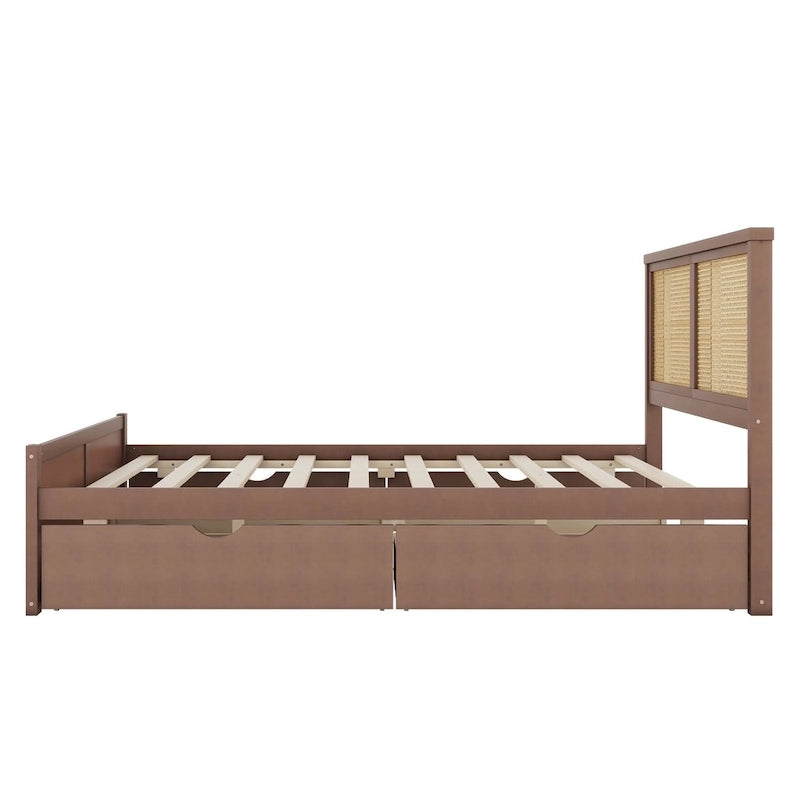 Platform Bed with 4 Storage Drawers & Rattan Headboard - Solid Pine Wood, No Box Spring Needed
