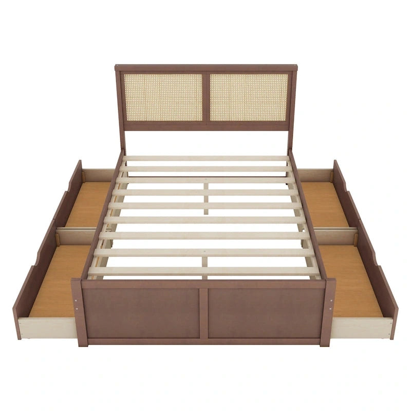 Platform Bed with 4 Storage Drawers & Rattan Headboard - Solid Pine Wood, No Box Spring Needed
