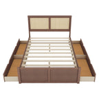 Platform Bed with 4 Storage Drawers & Rattan Headboard - Solid Pine Wood, No Box Spring Needed