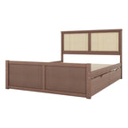 Platform Bed with 4 Storage Drawers & Rattan Headboard - Solid Pine Wood, No Box Spring Needed