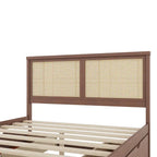 Platform Bed with 4 Storage Drawers & Rattan Headboard - Solid Pine Wood, No Box Spring Needed