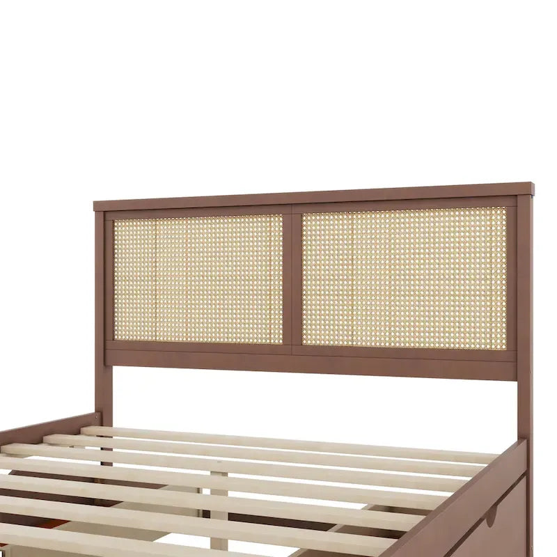 Platform Bed with 4 Storage Drawers & Rattan Headboard - Solid Pine Wood, No Box Spring Needed