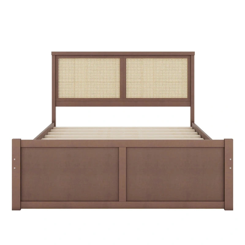 Platform Bed with 4 Storage Drawers & Rattan Headboard - Solid Pine Wood, No Box Spring Needed