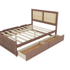 Platform Bed with 4 Storage Drawers & Rattan Headboard - Solid Pine Wood, No Box Spring Needed