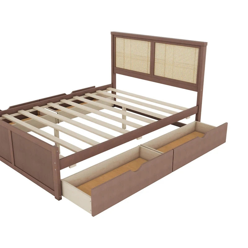Platform Bed with 4 Storage Drawers & Rattan Headboard - Solid Pine Wood, No Box Spring Needed