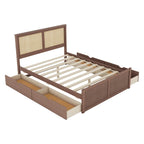 Platform Bed with 4 Storage Drawers & Rattan Headboard - Solid Pine Wood, No Box Spring Needed