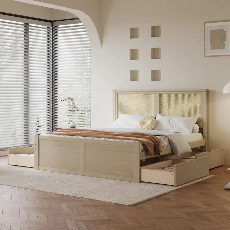 Platform Bed with 4 Storage Drawers & Rattan Headboard - Solid Pine Wood, No Box Spring Needed