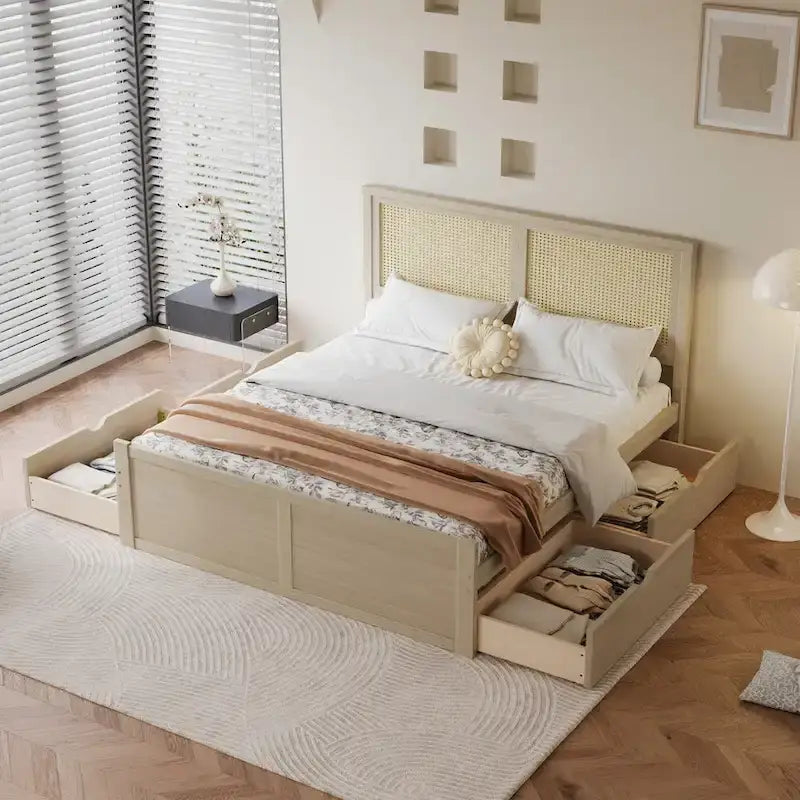 Platform Bed with 4 Storage Drawers & Rattan Headboard - Solid Pine Wood, No Box Spring Needed