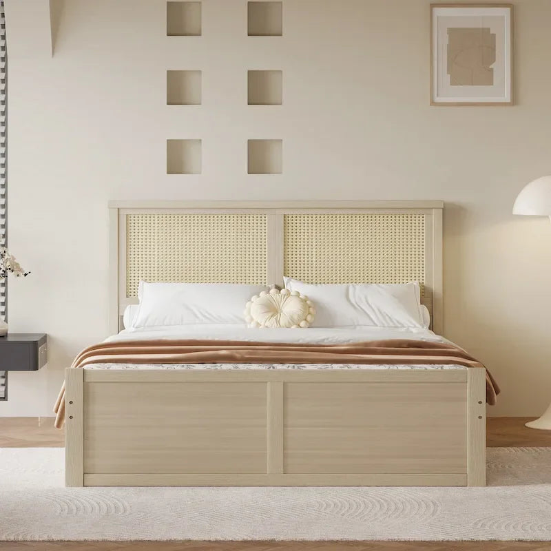 Platform Bed with 4 Storage Drawers & Rattan Headboard - Solid Pine Wood, No Box Spring Needed