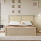 Platform Bed with 4 Storage Drawers & Rattan Headboard - Solid Pine Wood, No Box Spring Needed