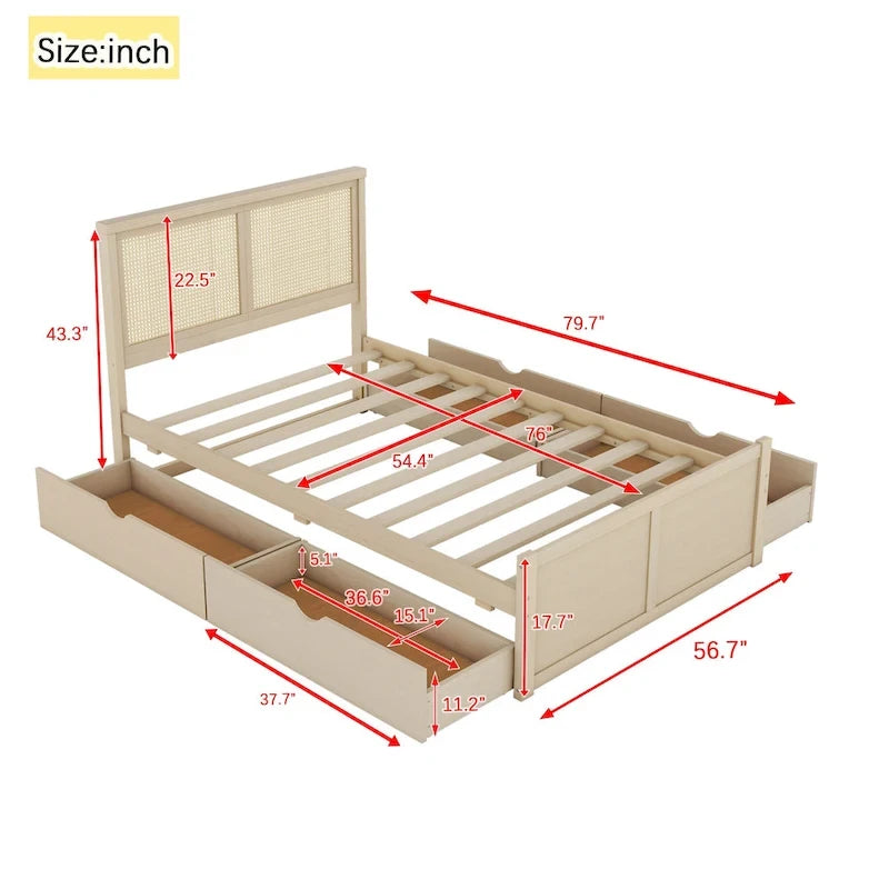 Platform Bed with 4 Storage Drawers & Rattan Headboard - Solid Pine Wood, No Box Spring Needed