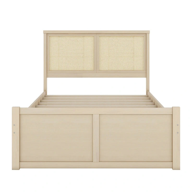 Platform Bed with 4 Storage Drawers & Rattan Headboard - Solid Pine Wood, No Box Spring Needed