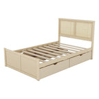 Platform Bed with 4 Storage Drawers & Rattan Headboard - Solid Pine Wood, No Box Spring Needed