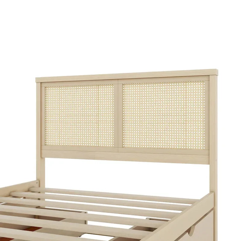 Platform Bed with 4 Storage Drawers & Rattan Headboard - Solid Pine Wood, No Box Spring Needed
