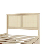 Platform Bed with 4 Storage Drawers & Rattan Headboard - Solid Pine Wood, No Box Spring Needed