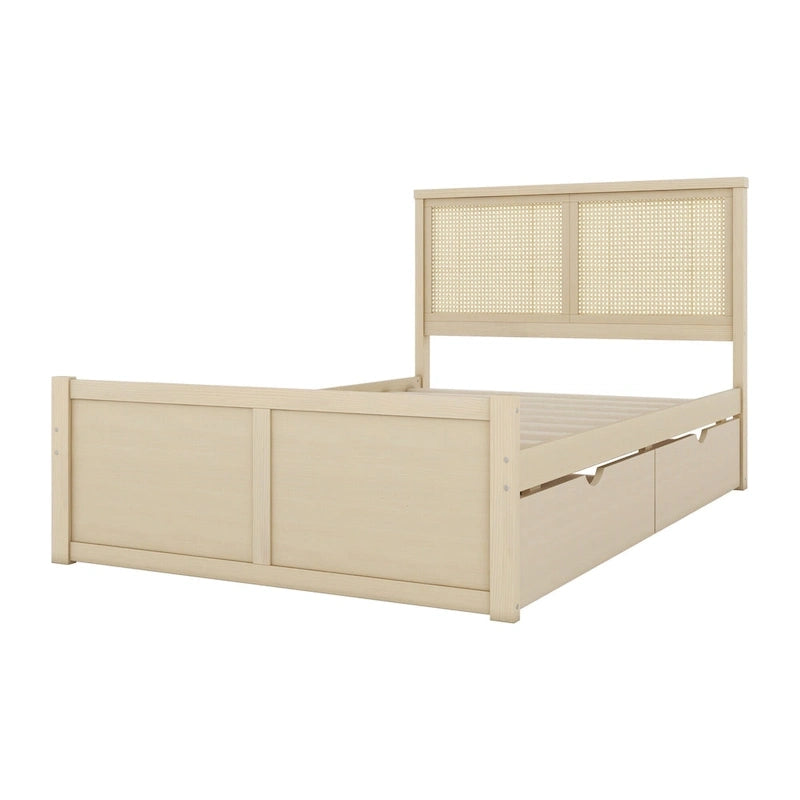 Platform Bed with 4 Storage Drawers & Rattan Headboard - Solid Pine Wood, No Box Spring Needed