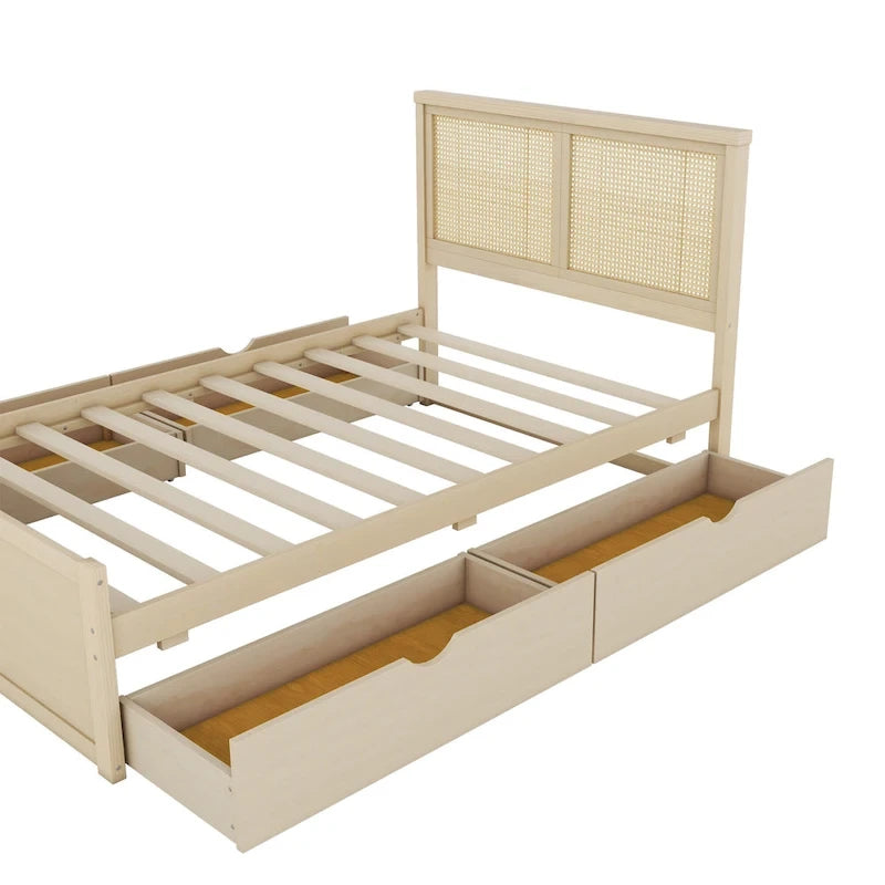 Platform Bed with 4 Storage Drawers & Rattan Headboard - Solid Pine Wood, No Box Spring Needed