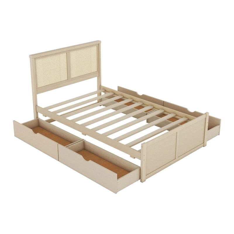 Platform Bed with 4 Storage Drawers & Rattan Headboard - Solid Pine Wood, No Box Spring Needed