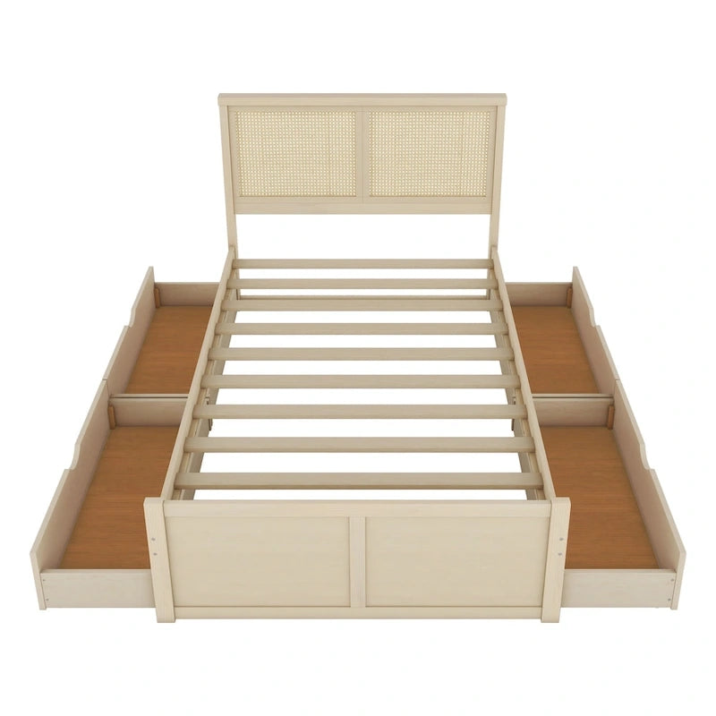 Platform Bed with 4 Storage Drawers & Rattan Headboard - Solid Pine Wood, No Box Spring Needed