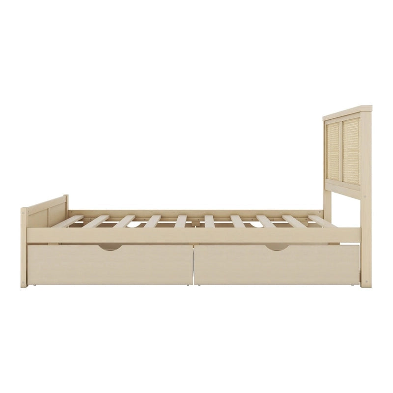 Platform Bed with 4 Storage Drawers & Rattan Headboard - Solid Pine Wood, No Box Spring Needed