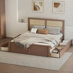 Platform Bed with 4 Storage Drawers & Rattan Headboard - Solid Pine Wood, No Box Spring Needed