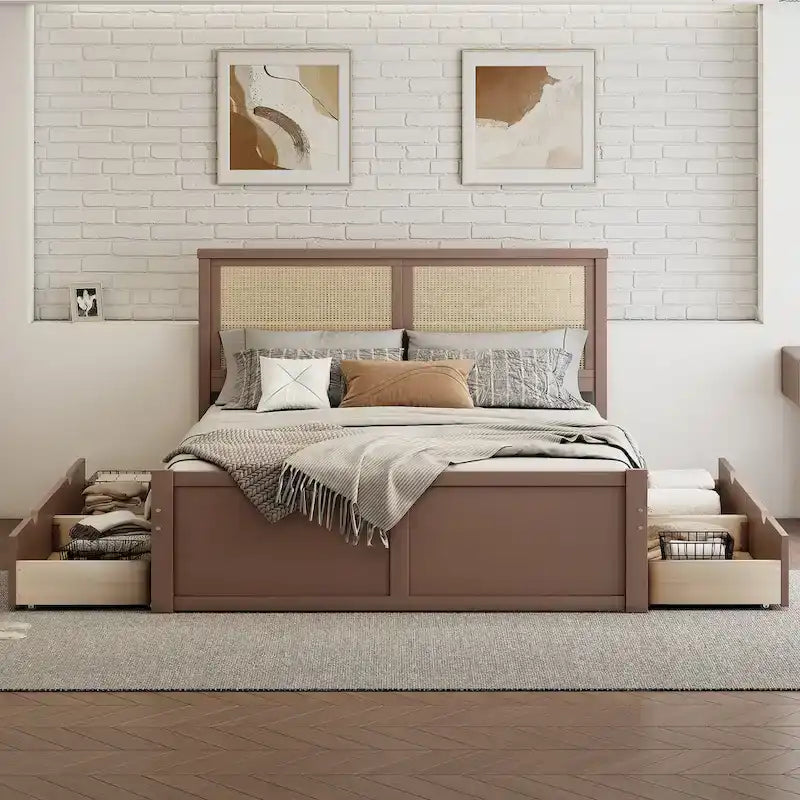 Platform Bed with 4 Storage Drawers & Rattan Headboard - Solid Pine Wood, No Box Spring Needed