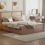 Platform Bed with 4 Storage Drawers & Rattan Headboard - Solid Pine Wood, No Box Spring Needed