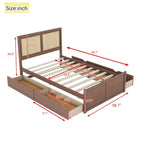 Platform Bed with 4 Storage Drawers & Rattan Headboard - Solid Pine Wood, No Box Spring Needed