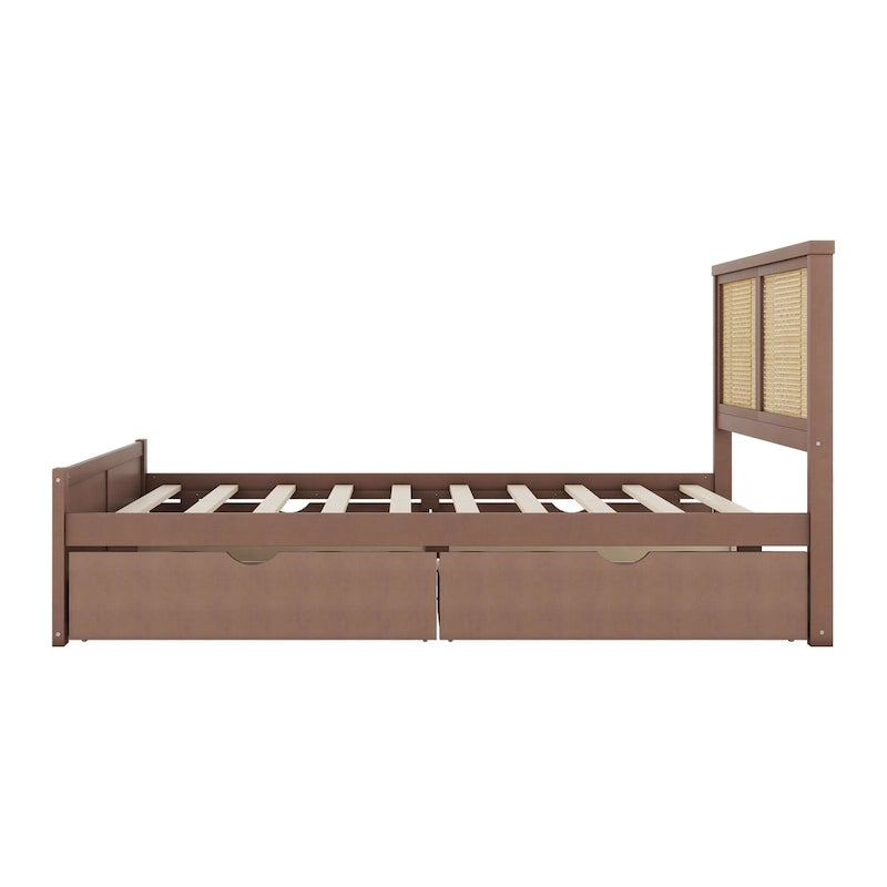 Platform Bed with 4 Storage Drawers & Rattan Headboard - Solid Pine Wood, No Box Spring Needed