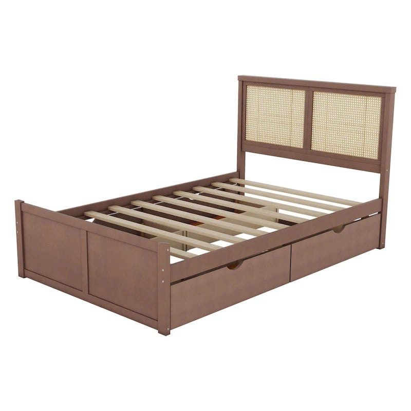 Platform Bed with 4 Storage Drawers & Rattan Headboard - Solid Pine Wood, No Box Spring Needed