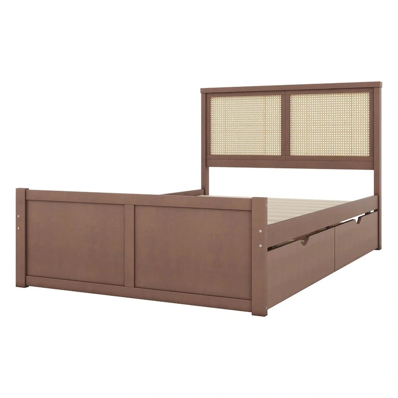 Platform Bed with 4 Storage Drawers & Rattan Headboard - Solid Pine Wood, No Box Spring Needed