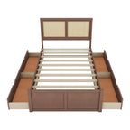 Platform Bed with 4 Storage Drawers & Rattan Headboard - Solid Pine Wood, No Box Spring Needed