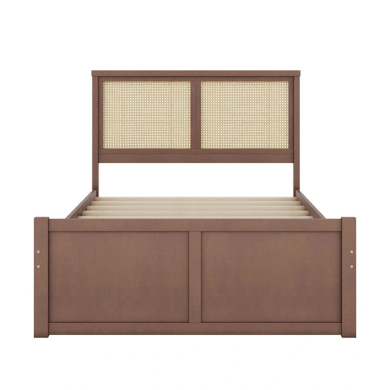 Platform Bed with 4 Storage Drawers & Rattan Headboard - Solid Pine Wood, No Box Spring Needed