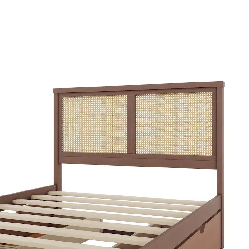 Platform Bed with 4 Storage Drawers & Rattan Headboard - Solid Pine Wood, No Box Spring Needed