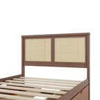 Platform Bed with 4 Storage Drawers & Rattan Headboard - Solid Pine Wood, No Box Spring Needed