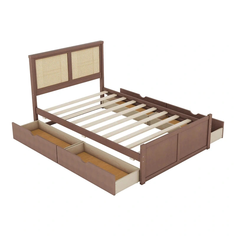 Platform Bed with 4 Storage Drawers & Rattan Headboard - Solid Pine Wood, No Box Spring Needed