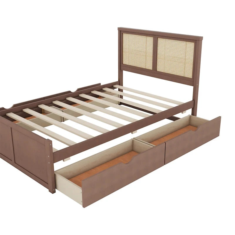 Platform Bed with 4 Storage Drawers & Rattan Headboard - Solid Pine Wood, No Box Spring Needed