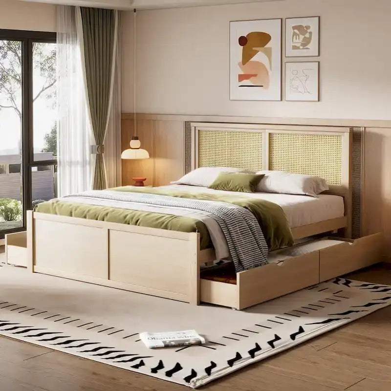 Platform Bed with 4 Storage Drawers & Rattan Headboard - Solid Pine Wood, No Box Spring Needed