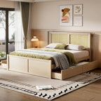 Platform Bed with 4 Storage Drawers & Rattan Headboard - Solid Pine Wood, No Box Spring Needed