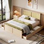 Platform Bed with 4 Storage Drawers & Rattan Headboard - Solid Pine Wood, No Box Spring Needed