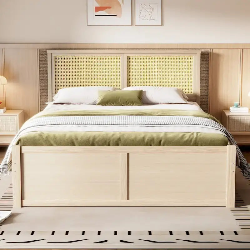 Platform Bed with 4 Storage Drawers & Rattan Headboard - Solid Pine Wood, No Box Spring Needed