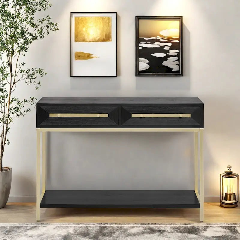 45.5" Retro Console Table - 2 Drawers, Geometric Design, Gold Accents, Black Finish (45.5W x 33.3H)