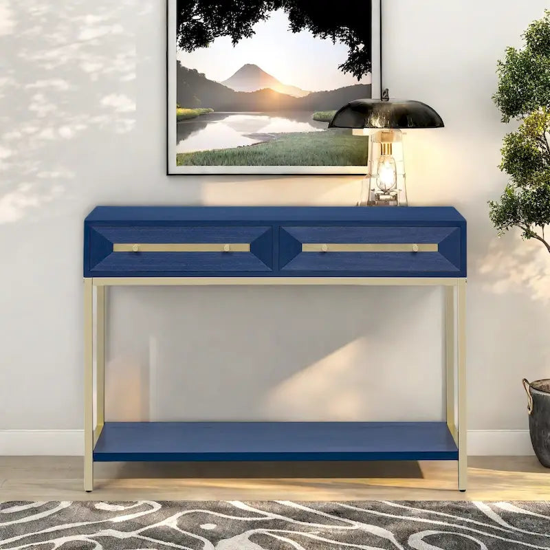 45.5" Retro Console Table - 2 Drawers, Geometric Design, Gold Accents, Black Finish (45.5W x 33.3H)