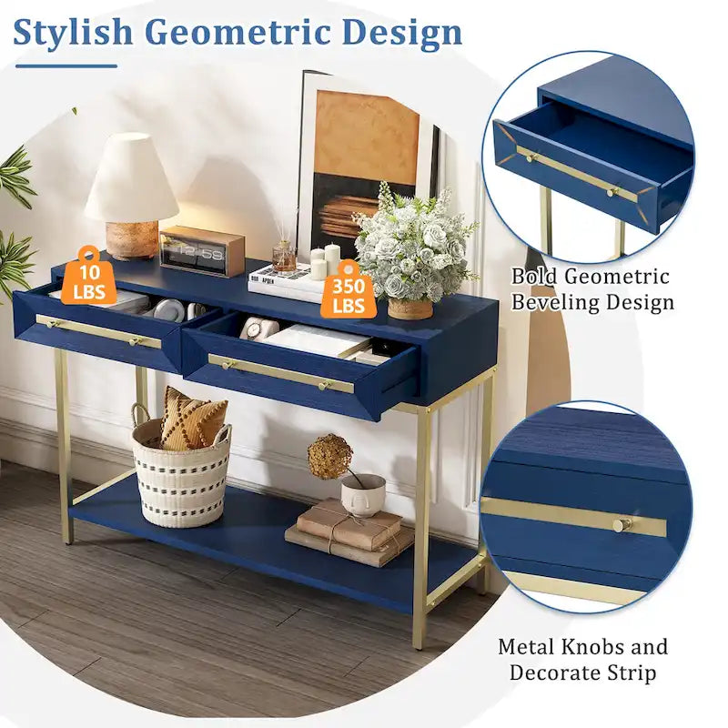 45.5" Retro Console Table - 2 Drawers, Geometric Design, Gold Accents, Black Finish (45.5W x 33.3H)