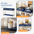 45.5" Retro Console Table - 2 Drawers, Geometric Design, Gold Accents, Black Finish (45.5W x 33.3H)